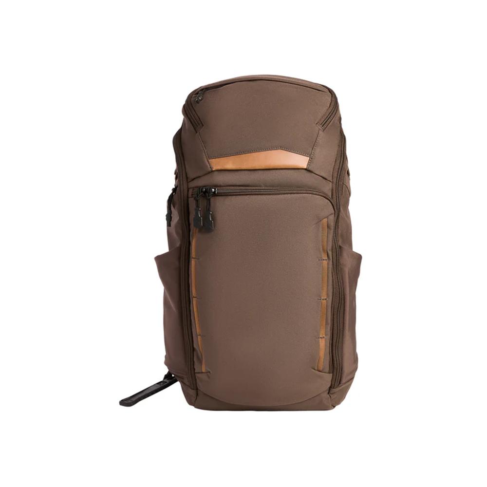 Brown multi-compartment backpack on white background