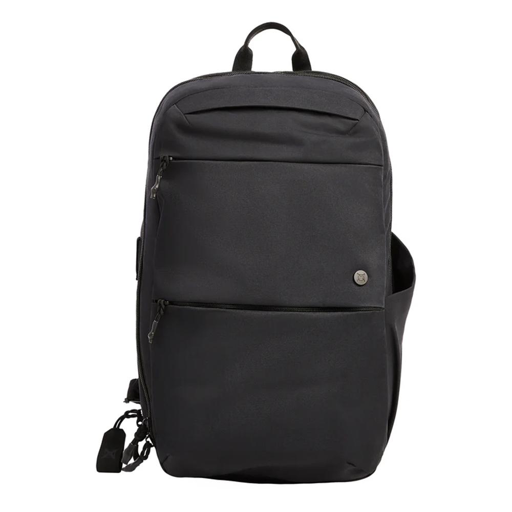 Black minimalist backpack with multiple zippered compartments