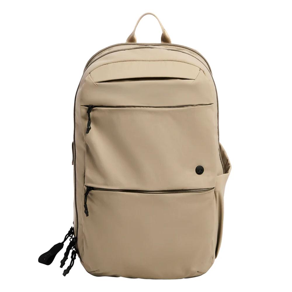 Beige minimalist backpack with multiple zippered compartments