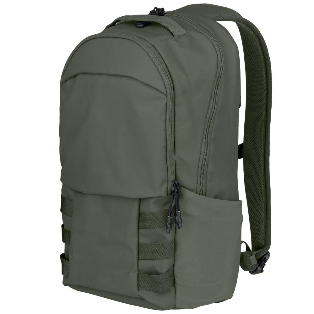 Olive green backpack with multiple compartments