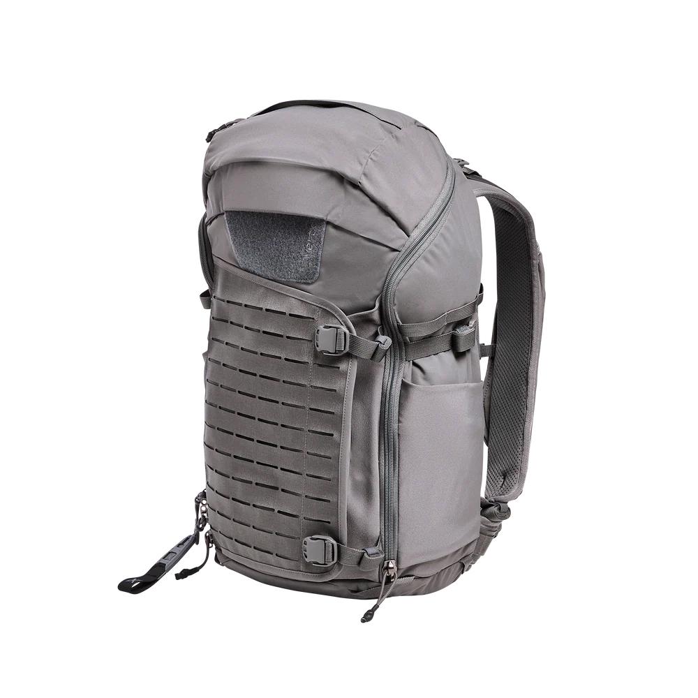 Gray tactical backpack with MOLLE webbing