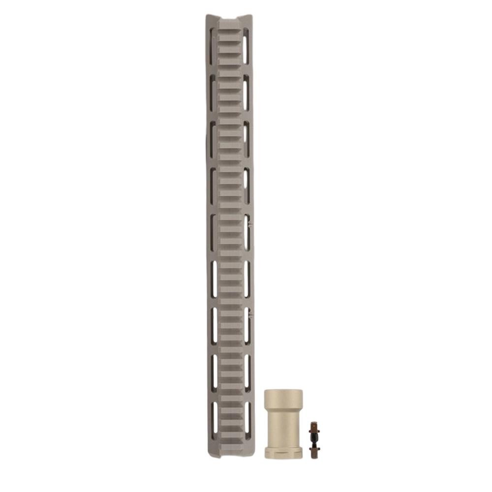 Tan M-LOK rifle handguard with mounting accessories