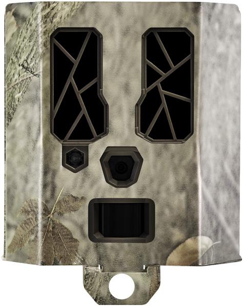 Camouflage trail camera with dual sensors and lens
