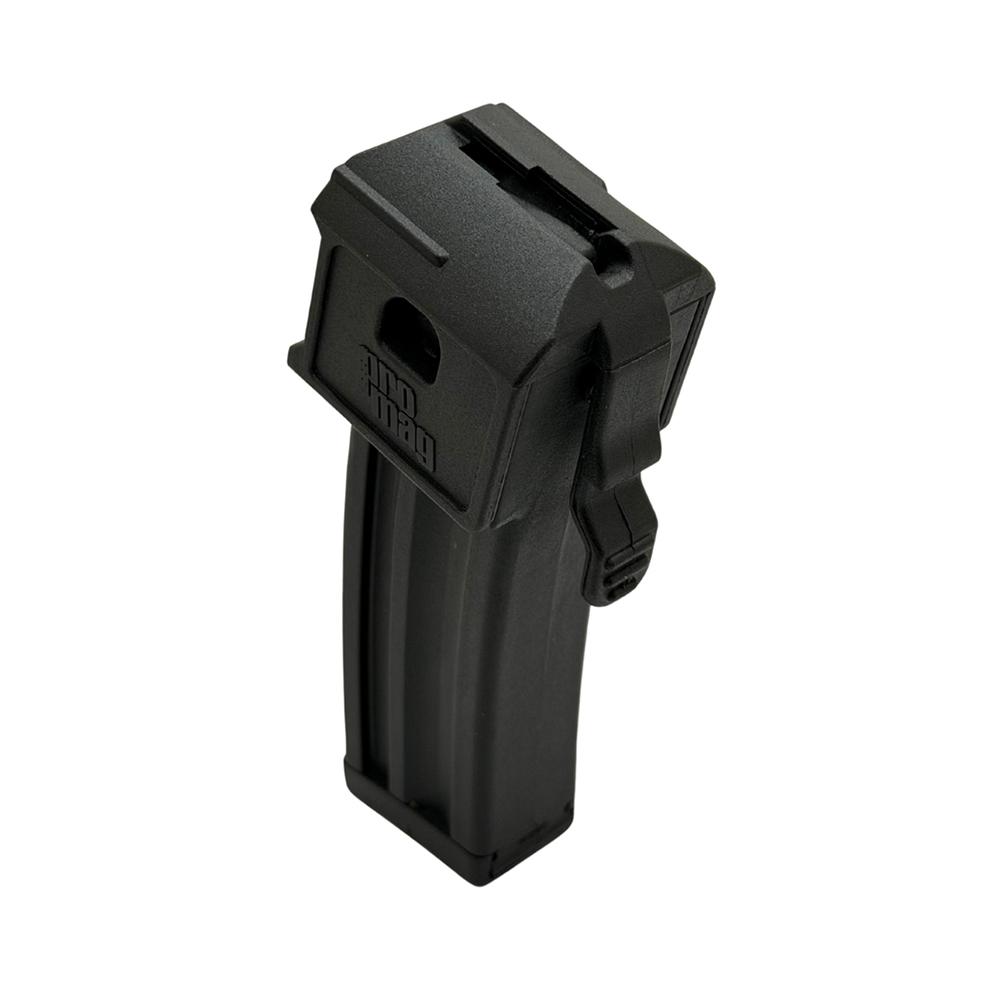 Black handgun magazine with loading tool attached