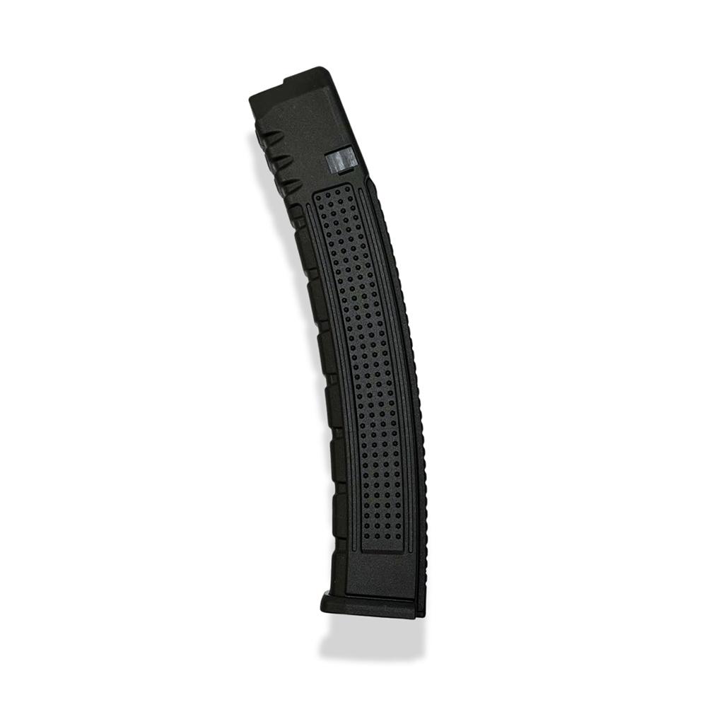Black curved firearm magazine on white background