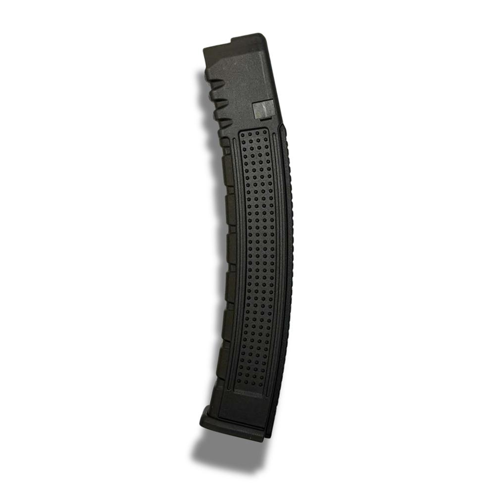 Curved black rifle magazine on white background