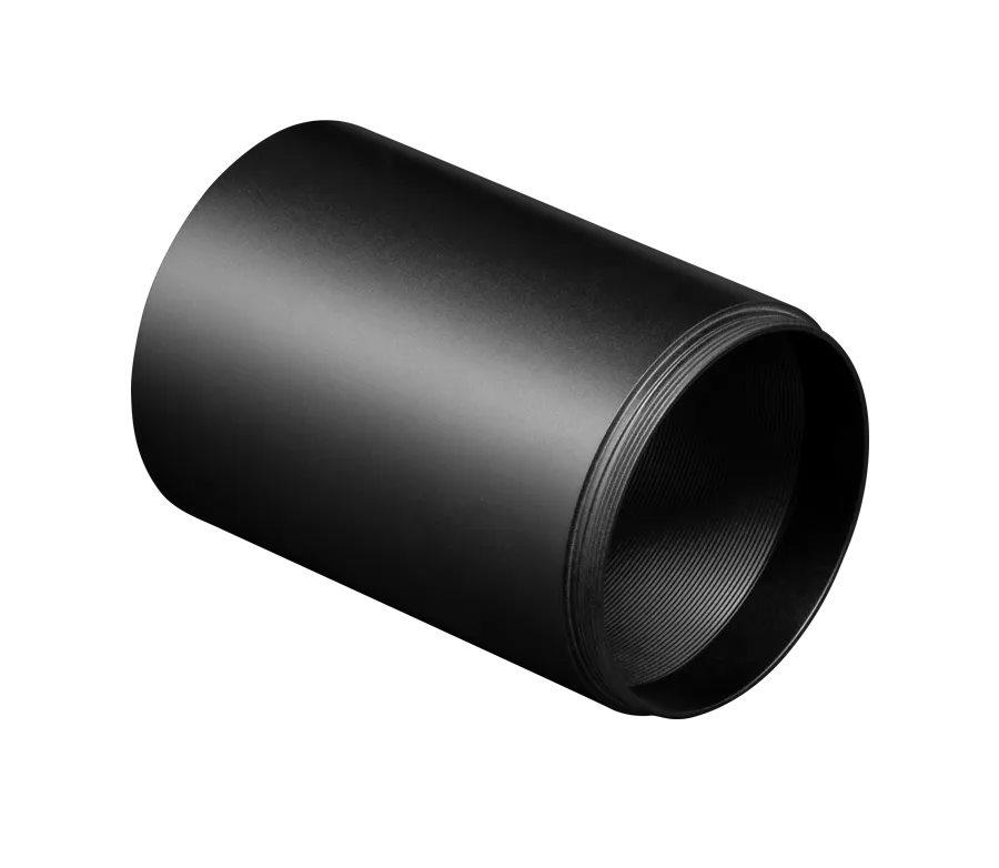 Black threaded pipe coupling on white background