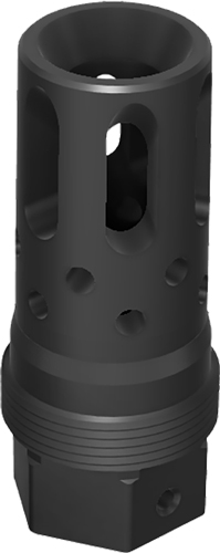 Black cylindrical muzzle brake with side ports