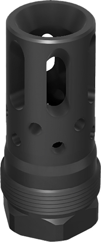 Black cylindrical muzzle brake with side ports