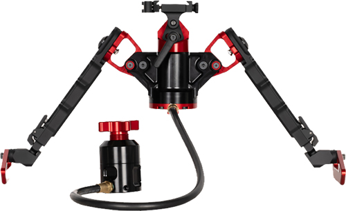 Red and black dual-arm mechanical rig