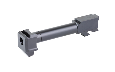 Machined metal barrel component on white background