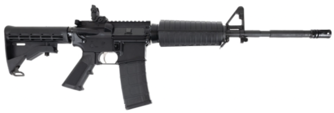 Black AR-15 style semi-automatic rifle