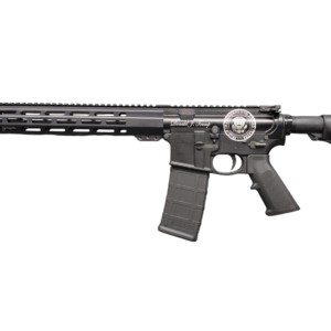 Black AR-15 style rifle with engraving