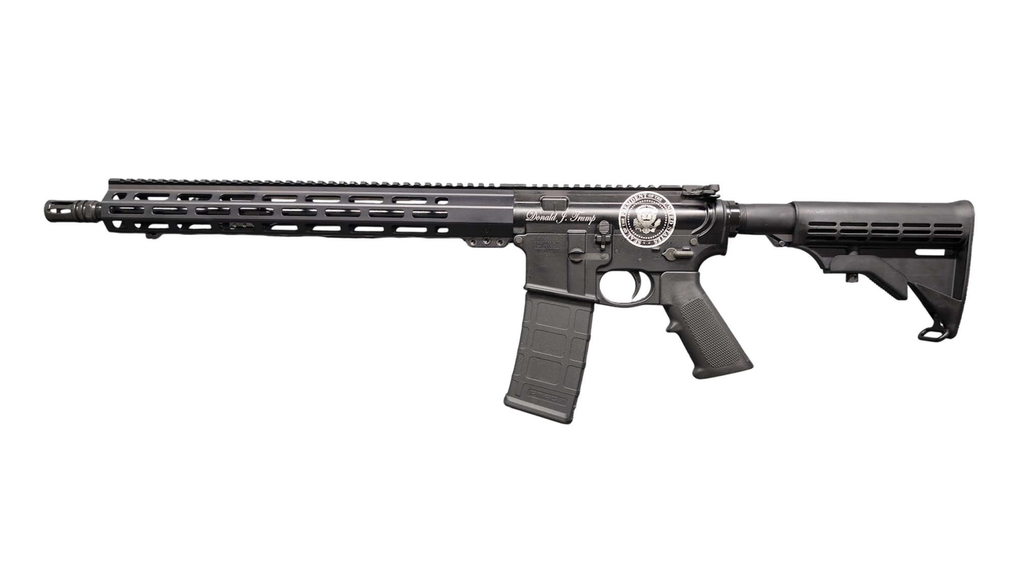 Black AR-15 style rifle with engraving