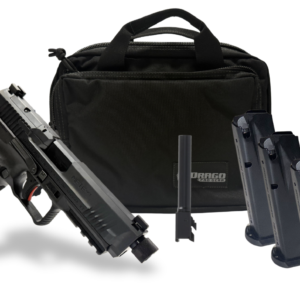 Handgun with magazines, suppressor, and carrying case