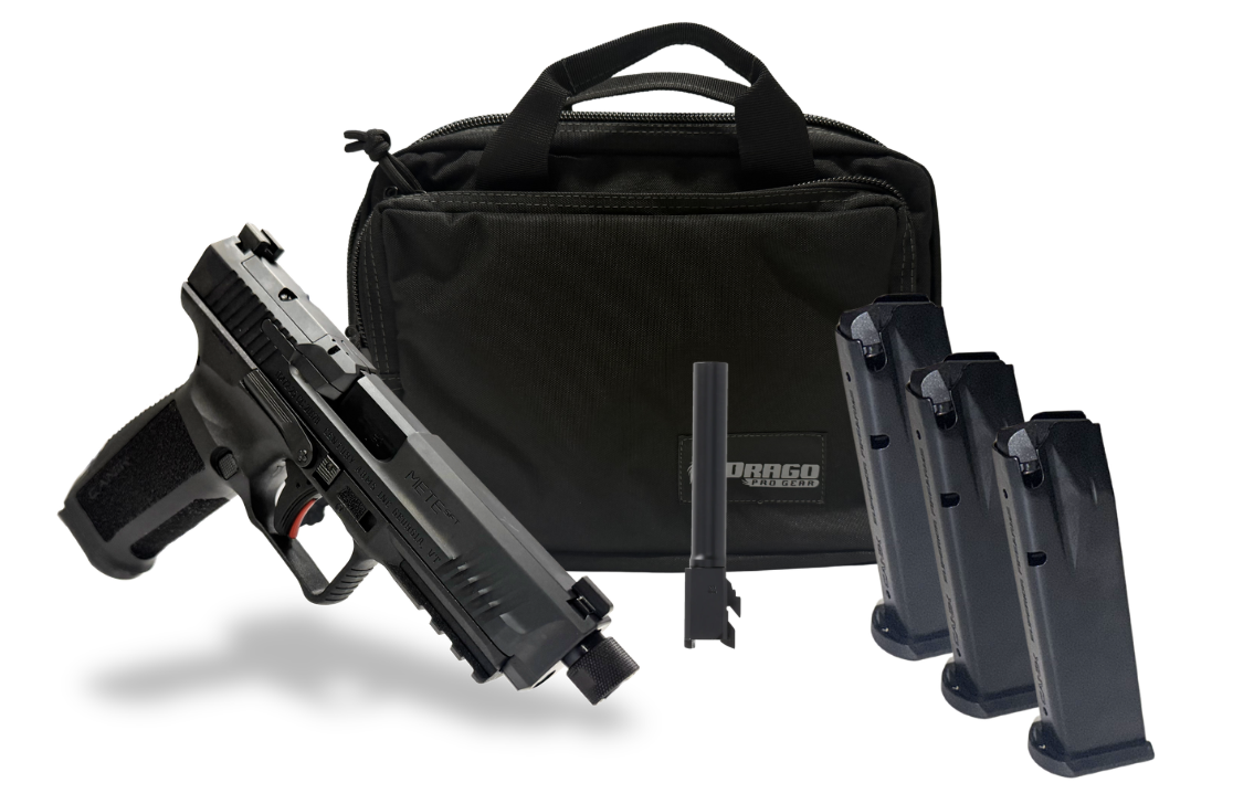 Handgun with magazines, suppressor, and carrying case
