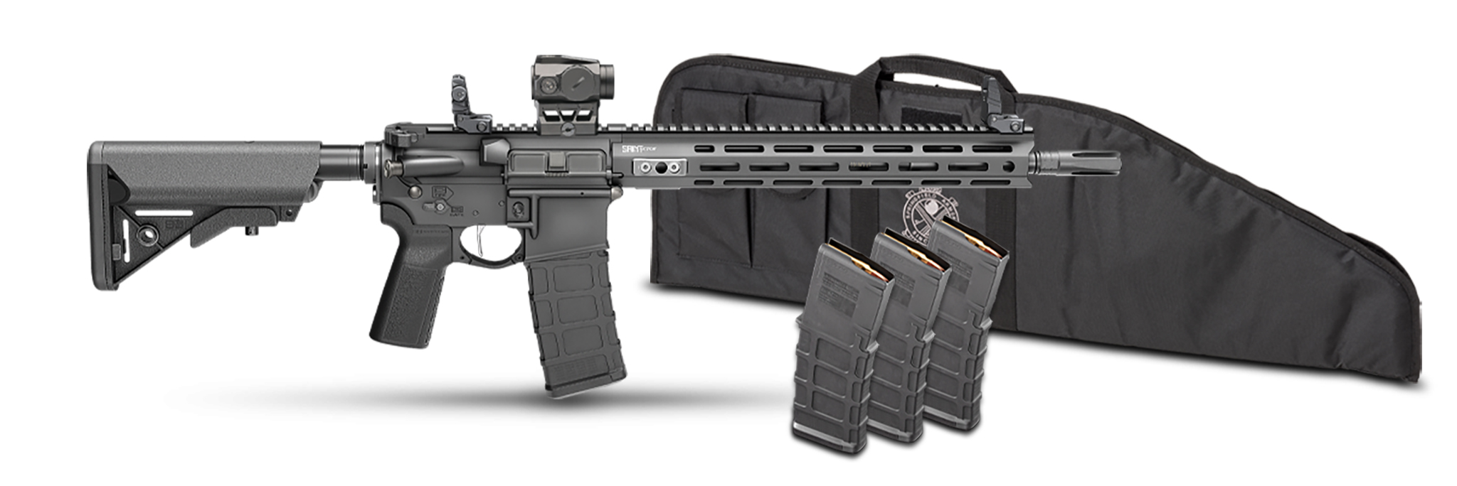 AR-15 style rifle with magazines and case