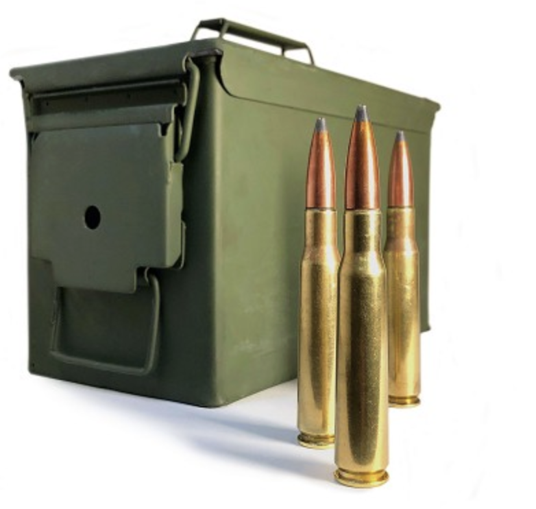 Green metal ammo box with three rifle cartridges