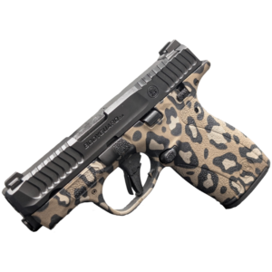 Leopard-print handgun with black slide