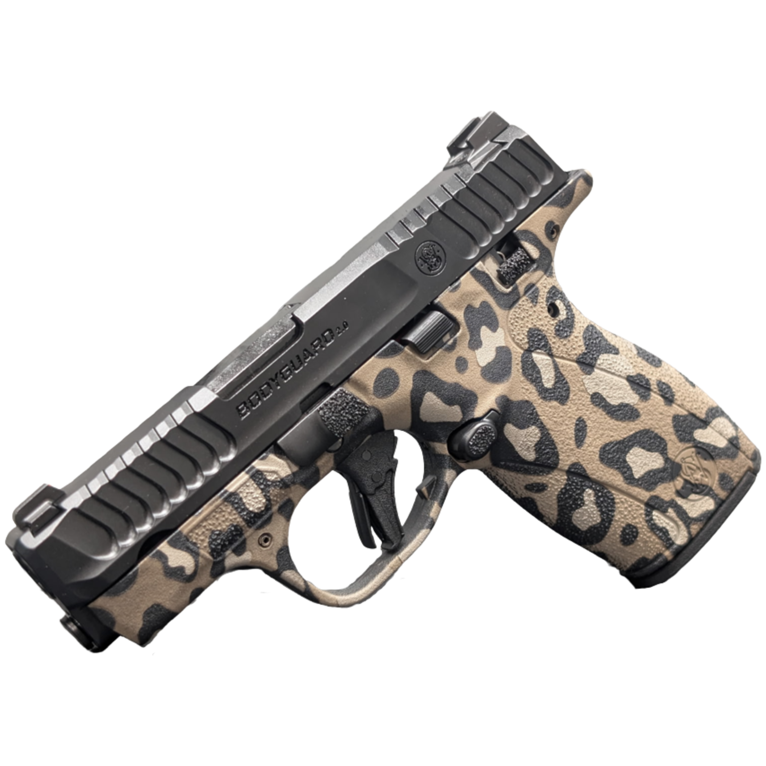 Leopard-print handgun with black slide
