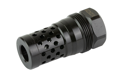 Black metal muzzle brake with vented holes