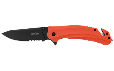 Black folding knife with orange handle