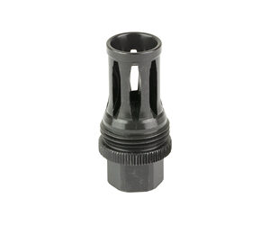Black metal muzzle brake with vented slots