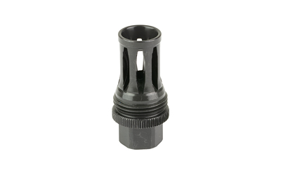 Black metal muzzle brake with vented slots