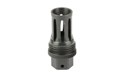 Black metal muzzle brake with vented slots