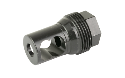 Black threaded metal muzzle brake with side ports