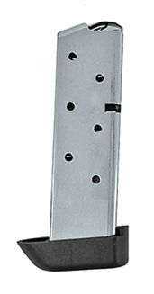 Metal pistol magazine with black baseplate