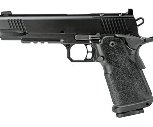 Black semi-automatic handgun on white background