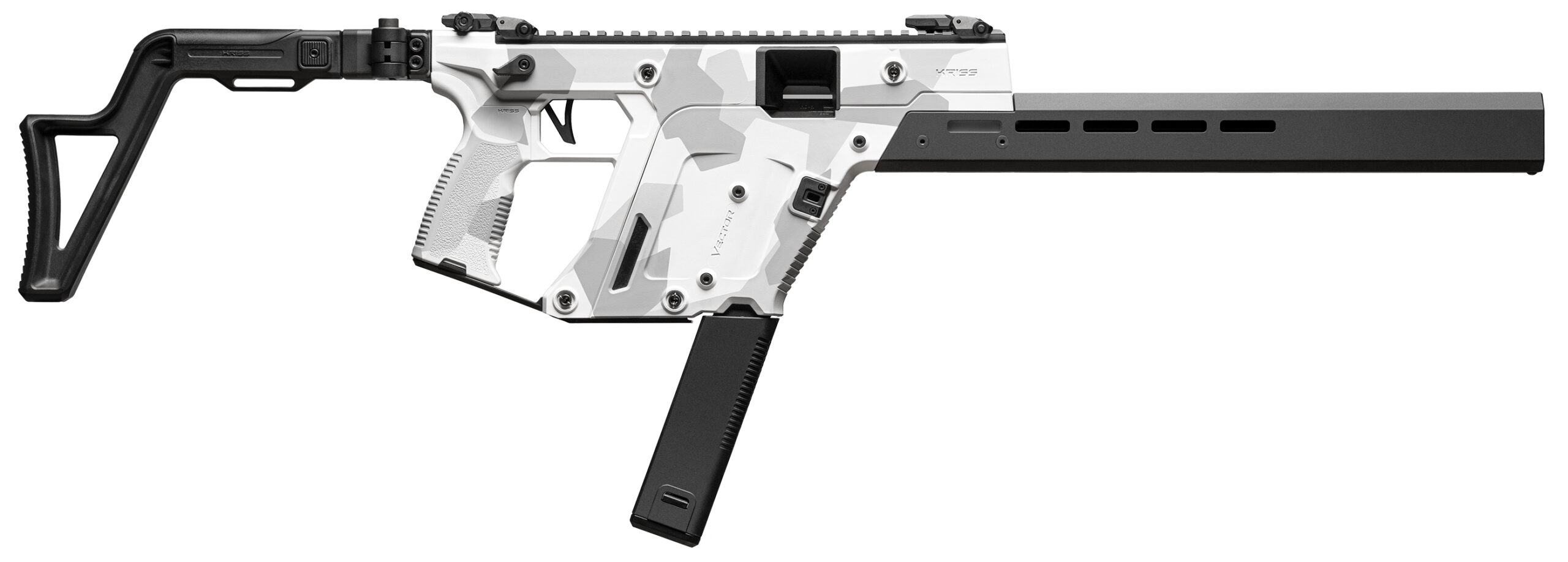 White camo tactical carbine with suppressor and folding stock