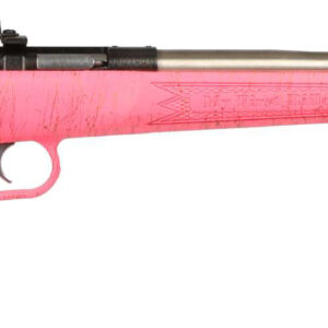 Pink-stock bolt-action rifle on white background