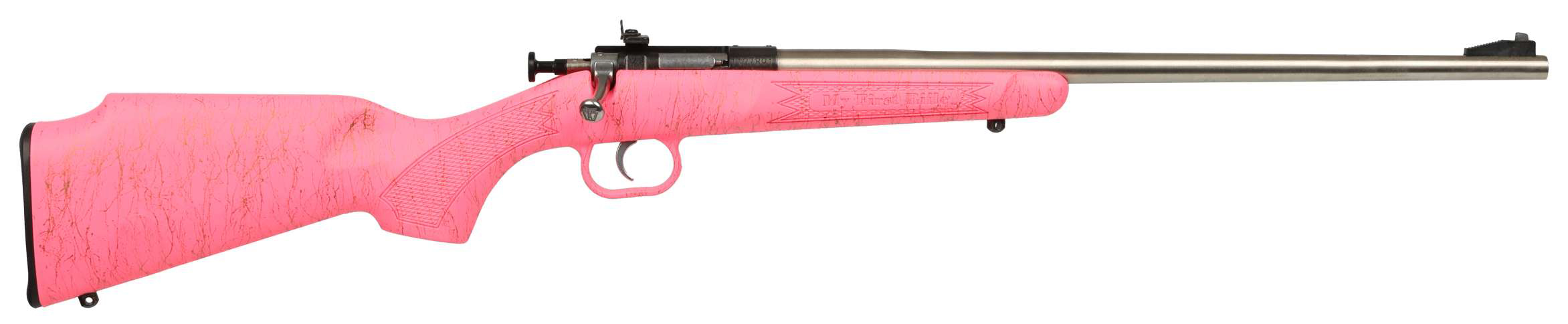 Pink-stock bolt-action rifle on white background