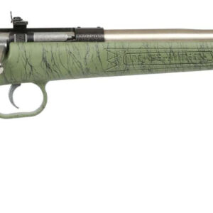 Green bolt-action rifle with stainless steel barrel