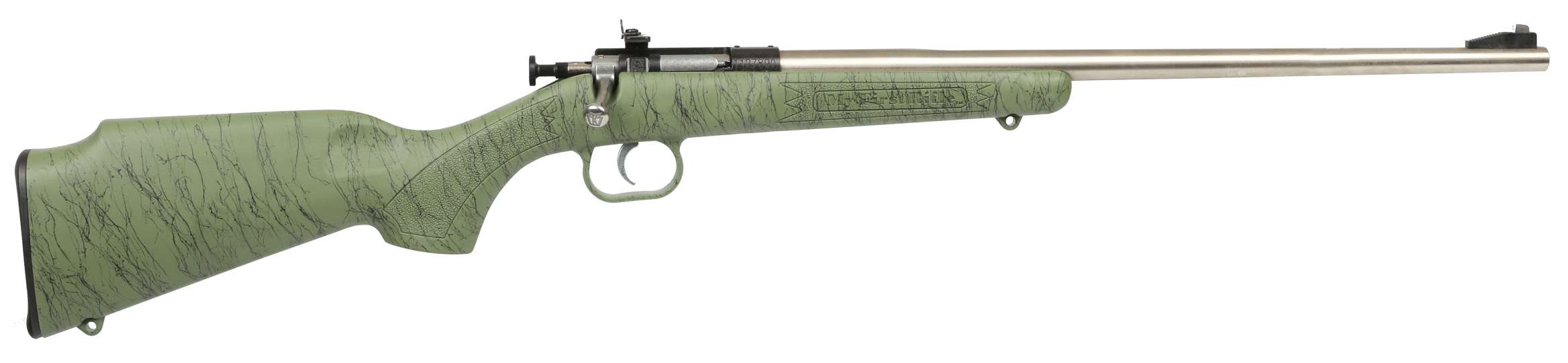 Green bolt-action rifle with stainless steel barrel