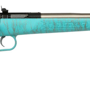 Turquoise bolt-action rifle on white background