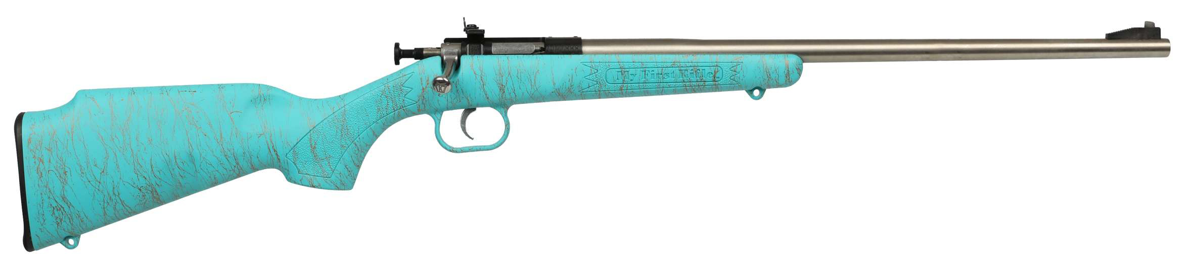 Turquoise bolt-action rifle on white background