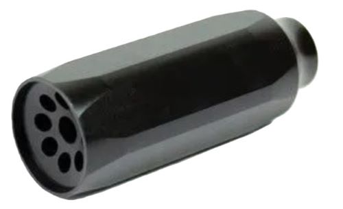 Black cylindrical firearm suppressor with multiple front ports