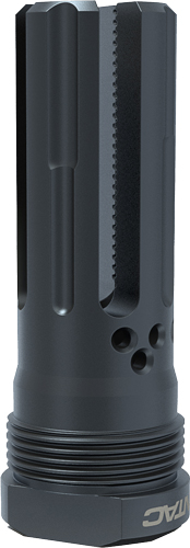 Black threaded metal muzzle brake component