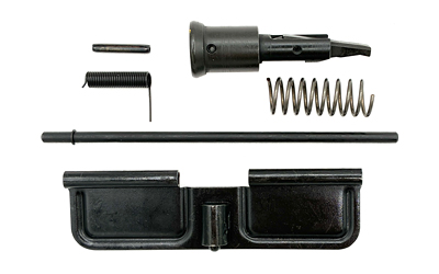 Disassembled rifle components on white background