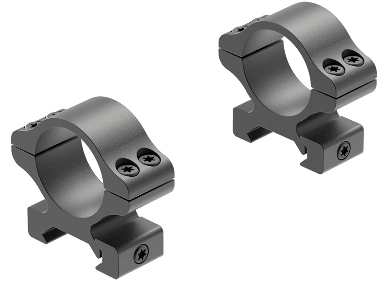 Two black metal rifle scope mounting rings
