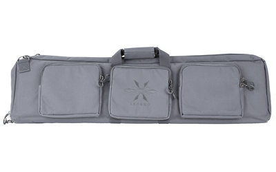 Gray tactical rifle case with multiple pockets