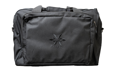 Black duffel bag with front zip pocket