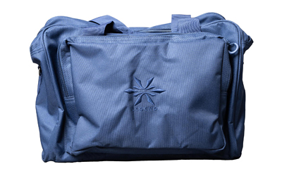 Blue duffel bag with shoulder strap