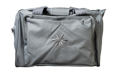 Gray duffel bag with front logo and compartments