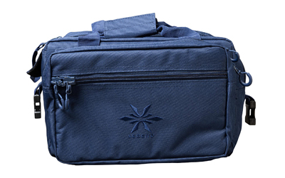 Blue zippered travel bag with front logo