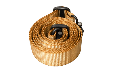 Coiled yellow ratchet tie-down strap with buckle