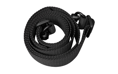 Coiled black adjustable nylon strap with plastic buckle